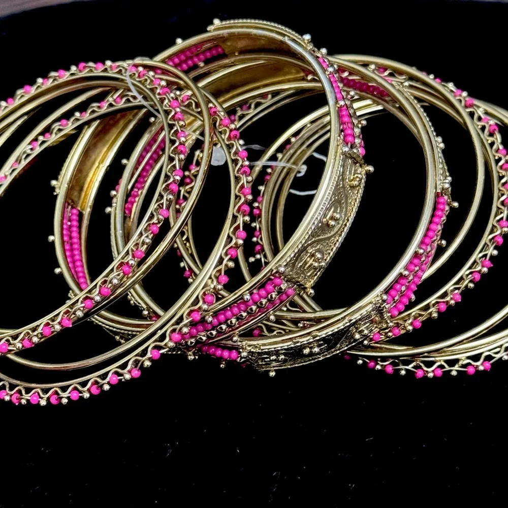 Gold Bangle | Pink Beaded Stackable Bangles - Picture 2 of 3